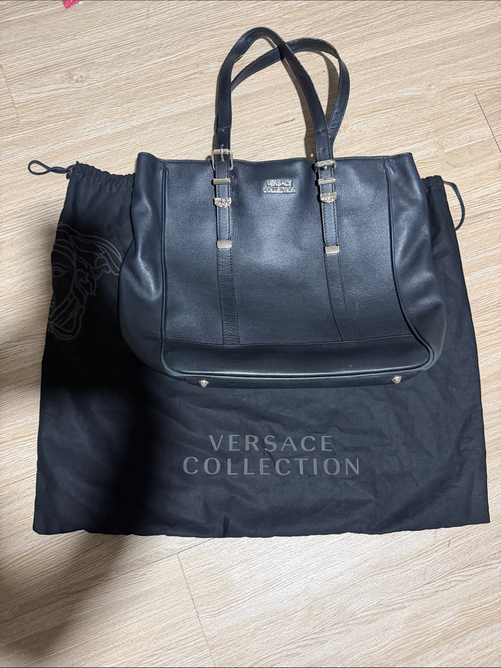 Versace Collection Black Leather Messenger Tote Bag